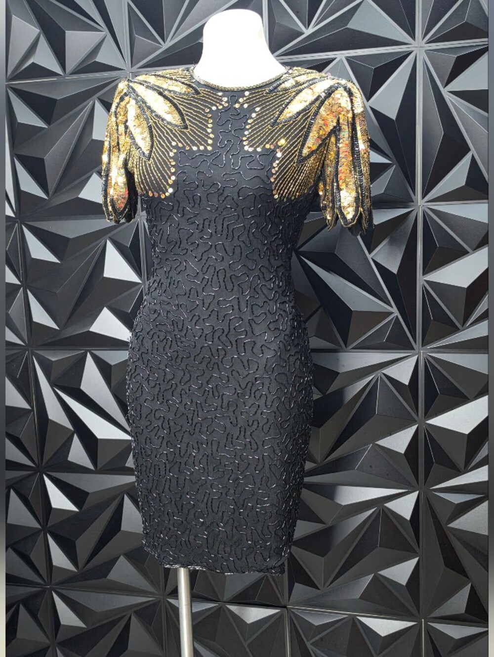 Stenay Black Mini Dress with Gold Sequin Shoulder Accents